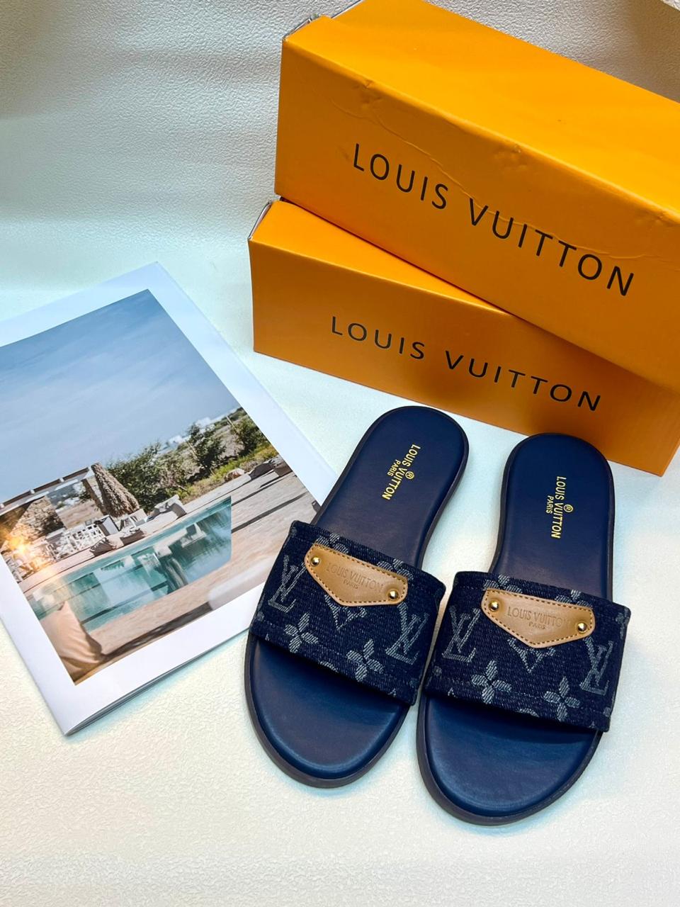 Louis Vuitton Slide Sandals Blue Monogram Canvas with Gold LV Buckle ...